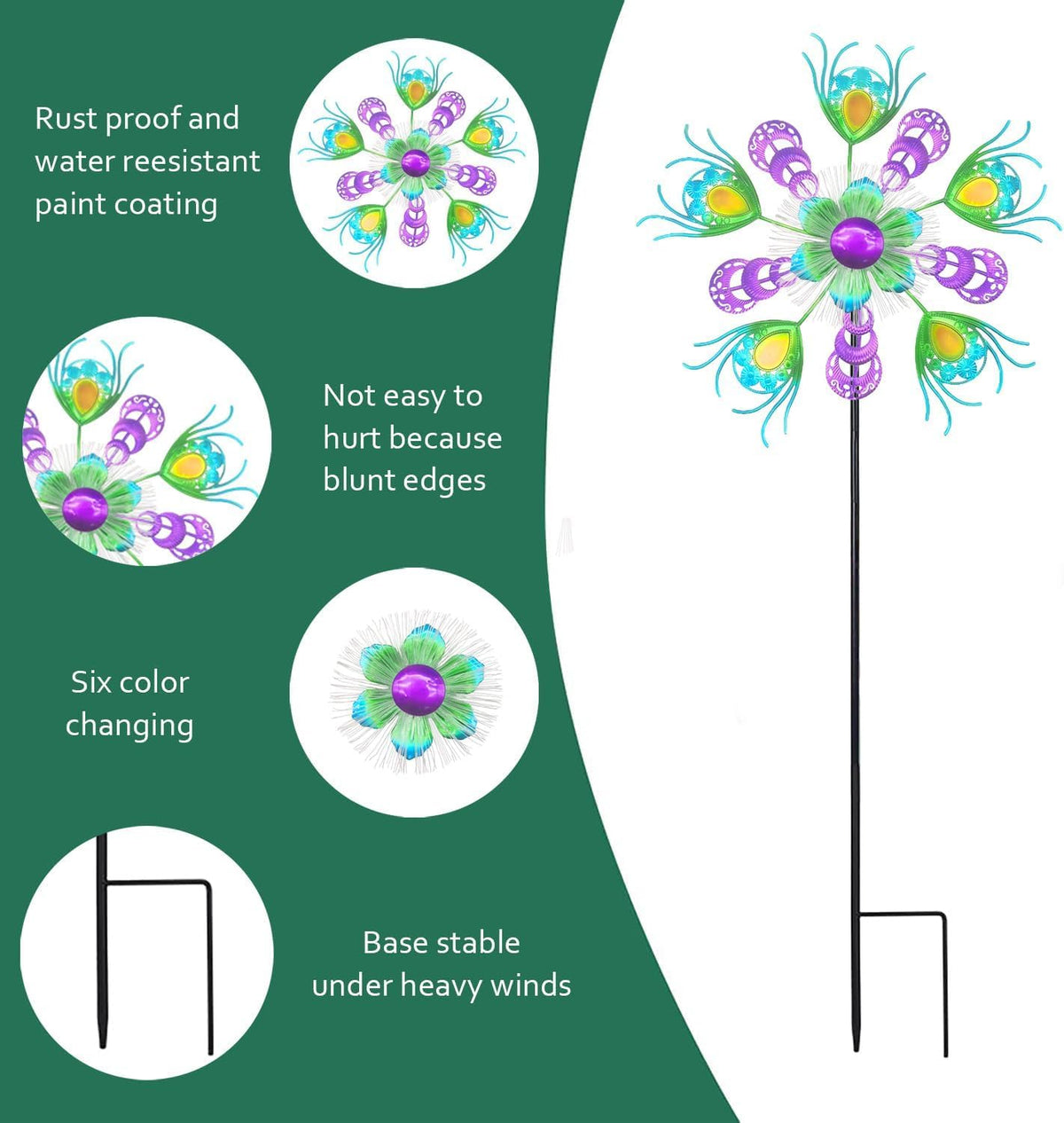 Solar Peacock Wind Spinners for Yard and Garden, 40 Inch Solar Windmill Garden Whirligig Kinetic Spinners Decor for Lawn,Patio&Yard, Metal Whirligigs Green Wind Spinners Outdoor