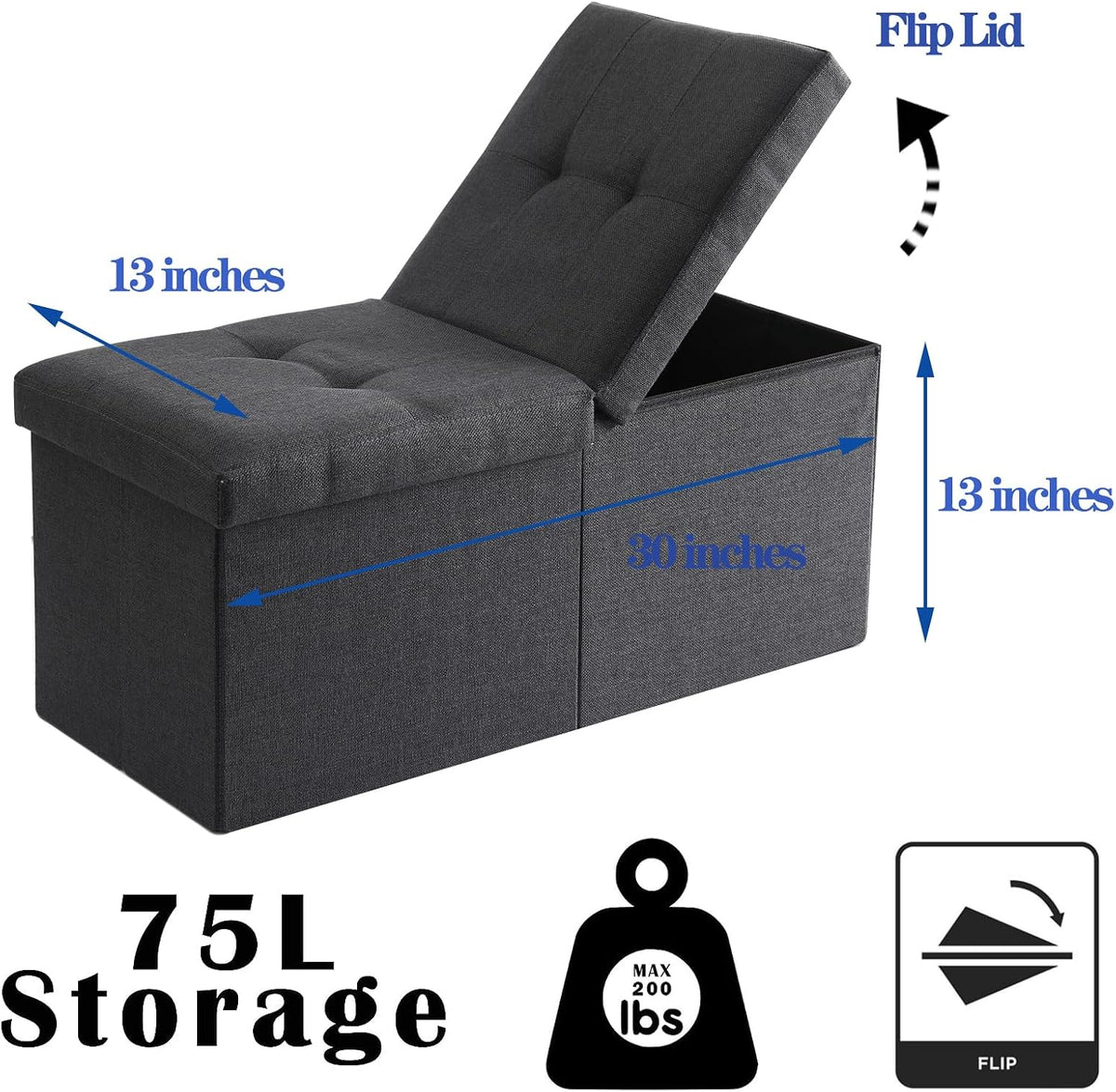 Storage Ottoman Bench Foldable Seat Footrest Shoe Bench End of Bed Storage with Flipping Lid, 75L Storage Space, 30 inches Linen Fabric Dark Grey
