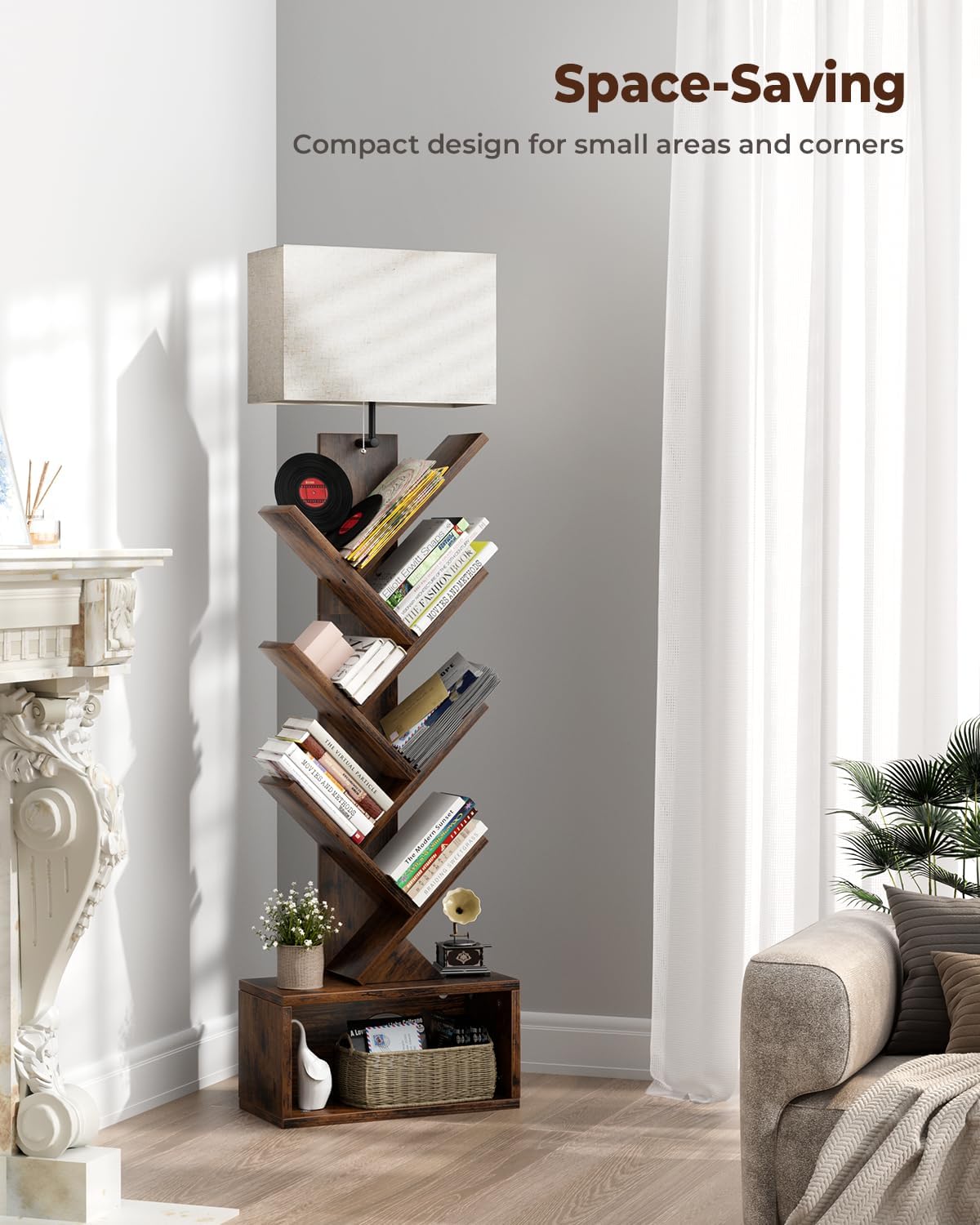 Evermagin 6 Tier Tree Bookshelf with Light, Bookcase, Rustic Brown | Narrow Tower Design, Storage Cabinet for Book Organization, Tall Floor Standing Use, Living Room, Bedroom and Home Office