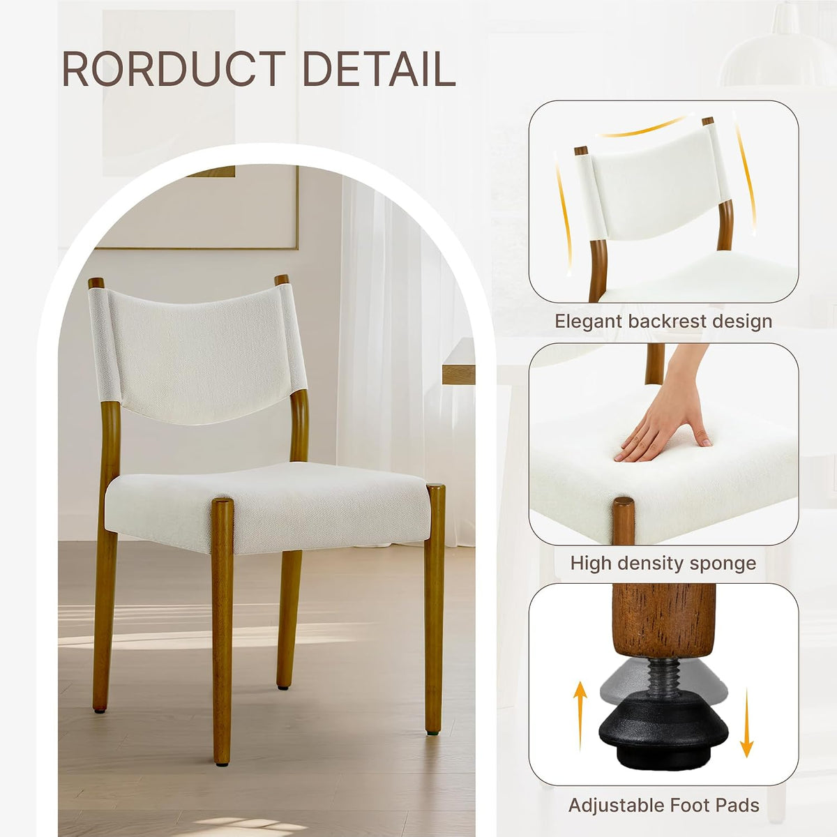 KISLOT Dining Chairs Set of 4, Ergonomic Upholstered Wood Chairs, White | Mid Century Modern Dining Room Chairs, Ergonomic Farmhouse Kitchen Chairs with Solid Rubber Wood Frame, Antique Walnut Leg