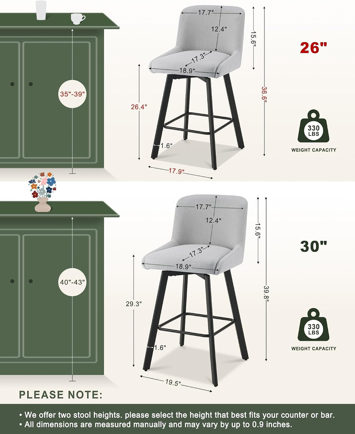 SAECKBERG Swivel Bar Stools Set of 3, 26''H Upholstered Barstools with Backs, Modern Counter Height Bar Stool Chairs for Kitchen Island, Metal Legs, Light Gray Fabric Counter Stools