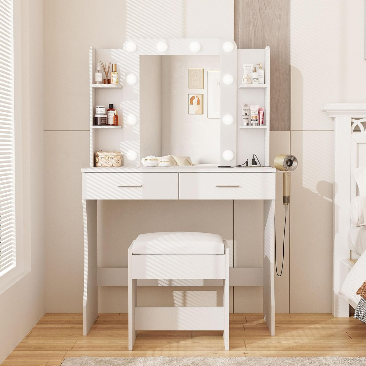 Vabches Vanity Desk with Mirror and Lights,Makeup Vanity Table with Charging Station,Vanity Set with 2 Drawers & Lots Storage Space,3 Lighting Modes Adjustable Brightness,White