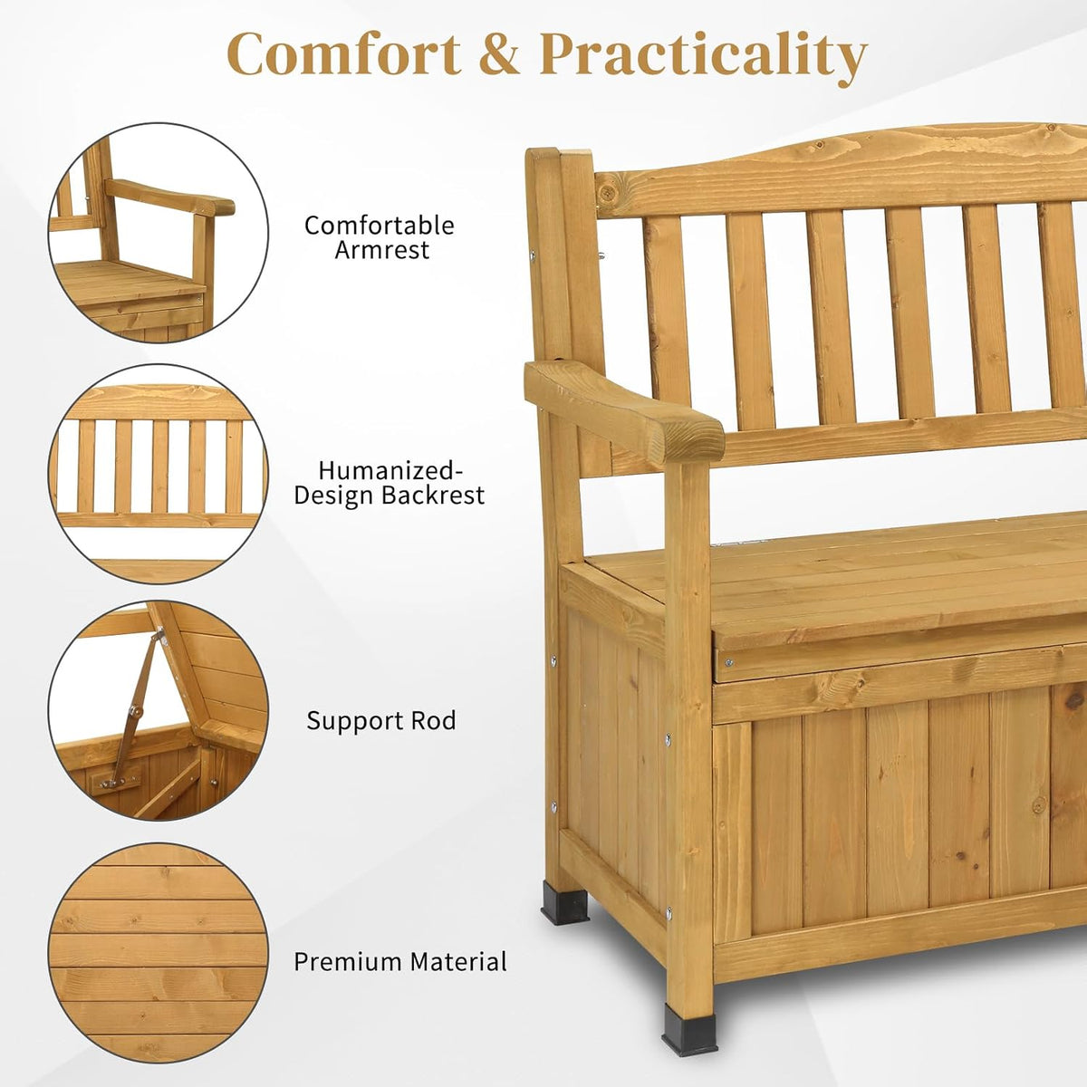 Outdoor Wooden Storage Bench, Large Deck Box with Seating & Armrest, Patio Organizer Loveseat for Garden Porch Backyard Poolside, Fir Wood