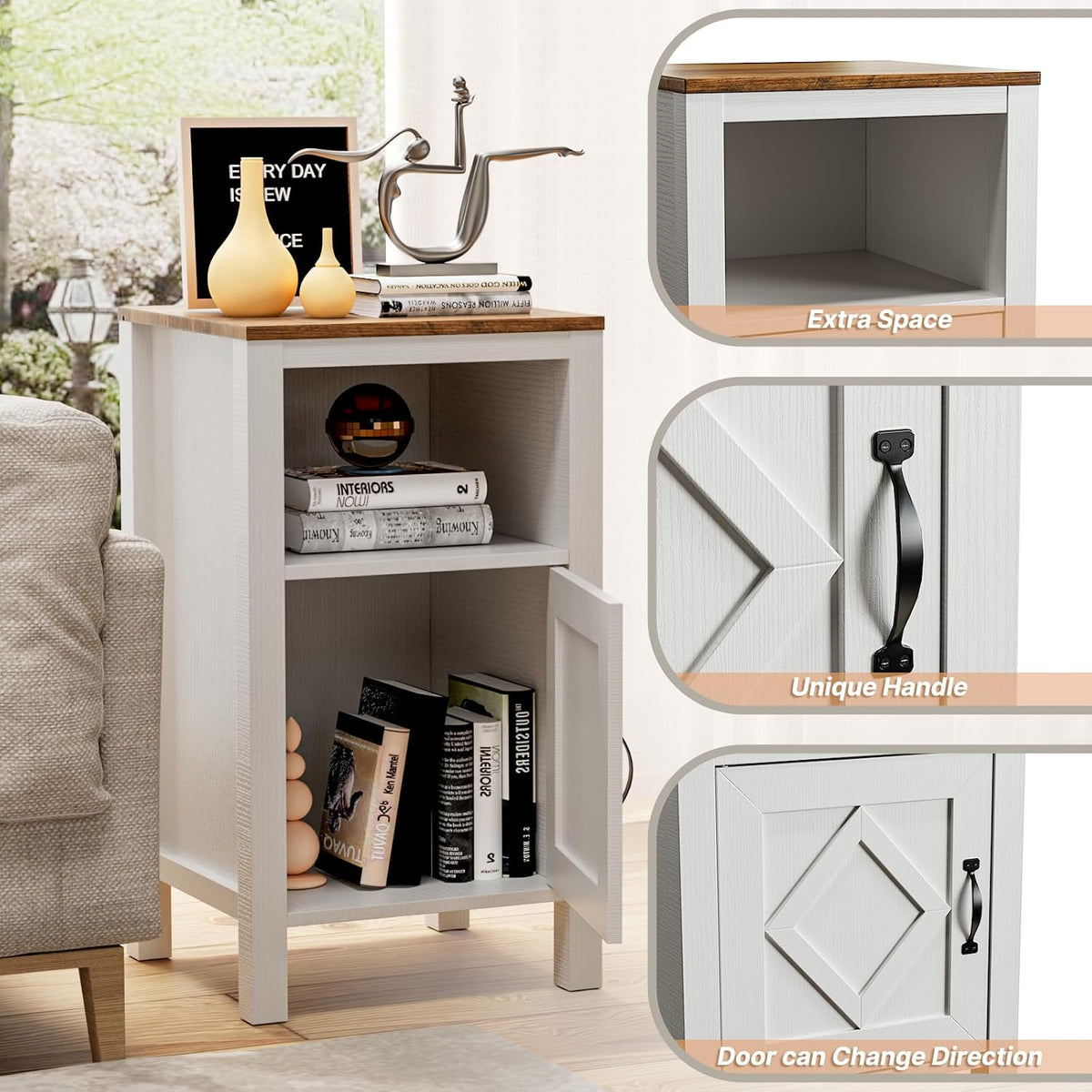 BVIUNTWO Set of 2 Modern White Side Tables with Cabinet & Open Department, Sofa End Table for Living Room, Nightstand for Bedroom