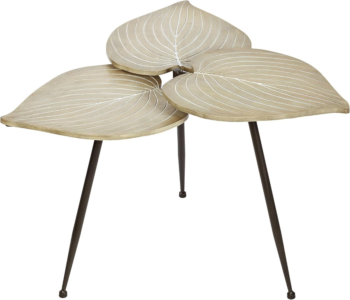 Delft Isle Natural-Inspired Shaped Accent Table | Neutral Almond Finish with Whitewash Detailing | Three-Tiered Leaf Tabletop with Veining | Black Tripod Metal Legs | Whimsical Leaves Wood Furniture