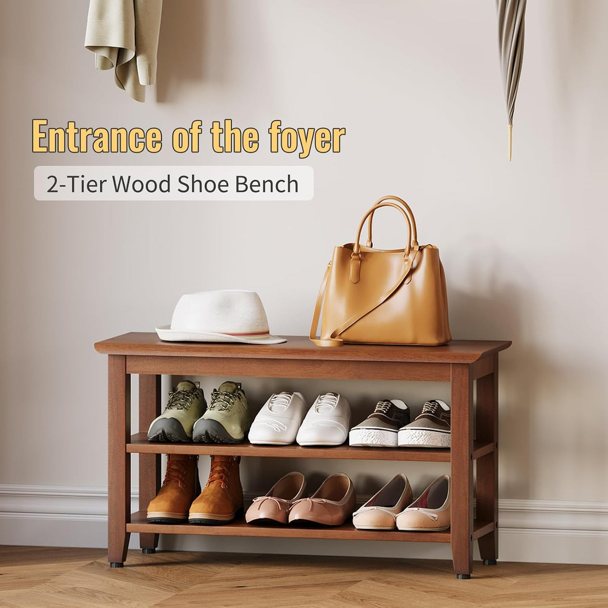 Wood Shoe Bench for Entryway,Bench with Shoe Rack,Storage Shoe Organizer for Hallway,Living Room,Bedroom (Brown, 31.5''W×11.81‘’D×17.71‘’H)