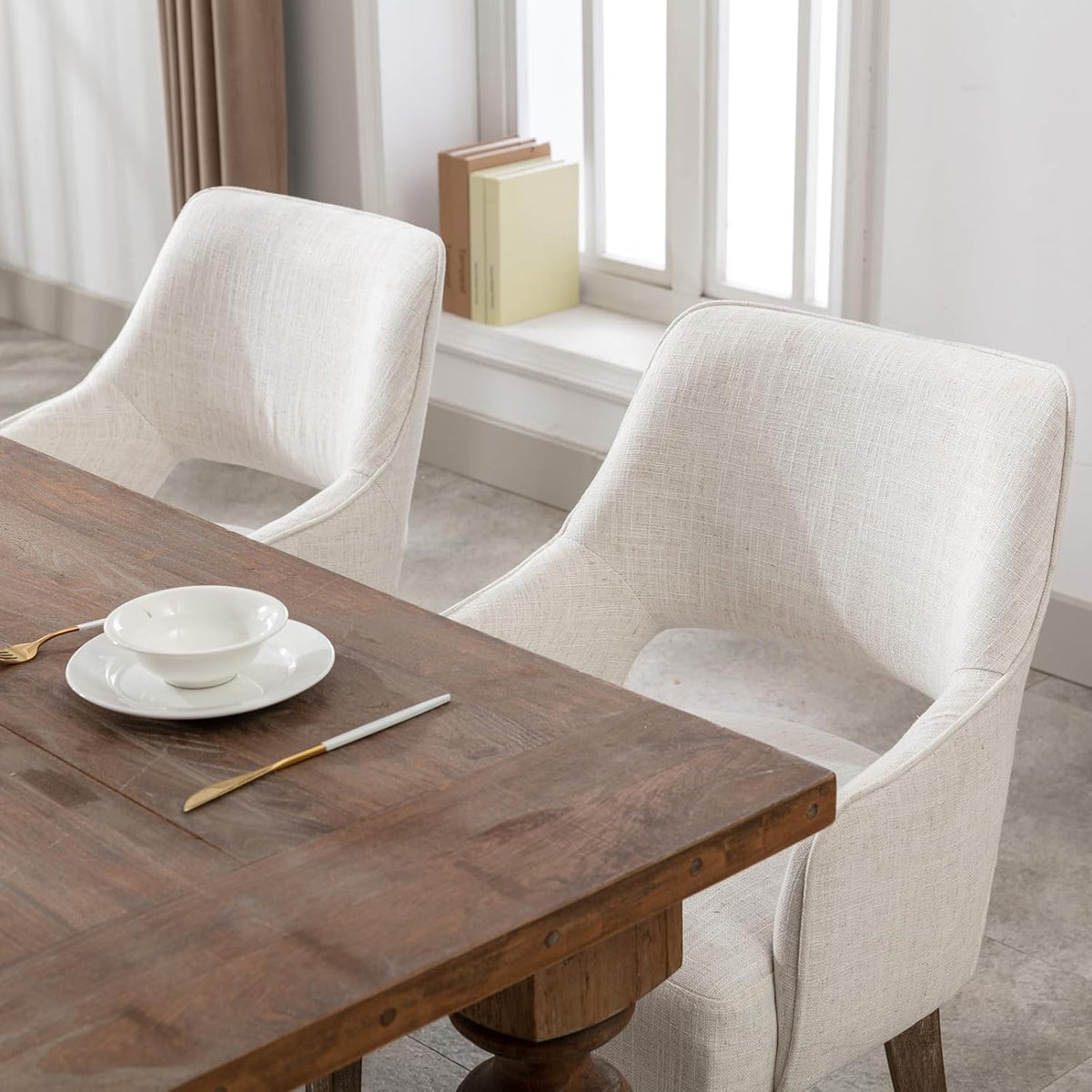 Dining Chairs Set of 2 Linen Upholstered Accent Kitchen Chair with Hollow Back/Padded Seat/Wood Legs for Dining Room Restaurant Home Decor, Beige