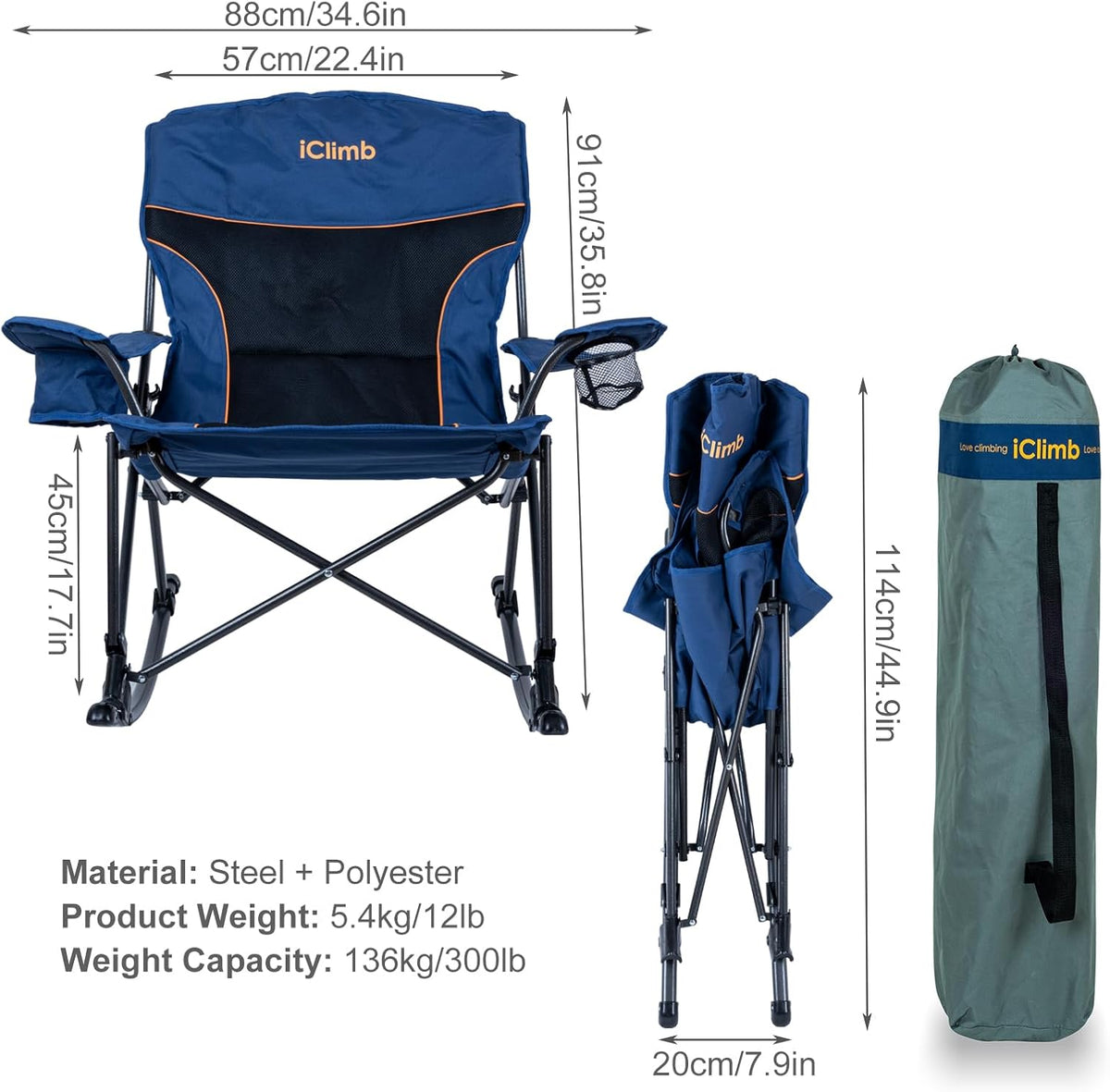 iClimb Padded Folding Rocking Chair Heavy Duty Camping Patio Porch Backyard Lawn Garden Balcony Rocker Indoor Outdoor with Carry Bag