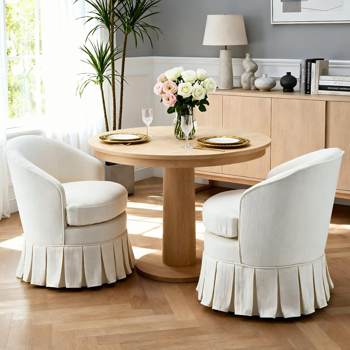 chairus Upholstered Dining Chairs Set of 2, Linen Barrel Dining Room Chairs with Pleated Skirt & Metal Legs, Modern Farmhouse Slipcovered Side Kitchen Chairs, Cream White