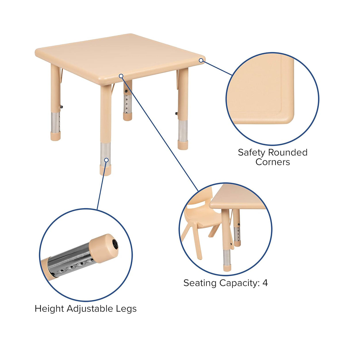 EMMA + OLIVER 24" Square Natural Plastic Height Adjustable Activity Table - School Table for 4