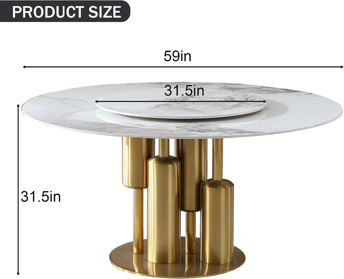 59" D Round Dining Table with 31.5" Detachable Lazy Susan, Modern Sintered Stone Dining Table for 8 Seat, Artificial Marble Dining Room Table Kitchen Table with Stainless Steel Base for Home