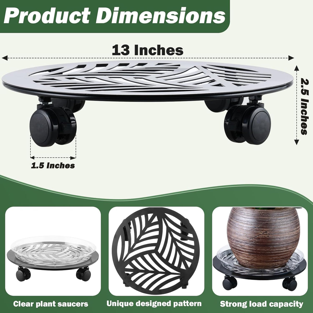 3 Packs 13 inches Large Metal Plant Caddy with PU Wheels Heav-duty Rolling Plant Stands Indoor Outdoor Wheeled Plant Dolly Coasters Flower Pot Mover Rollers Plant Trolley Cart, Plant Saucers Included