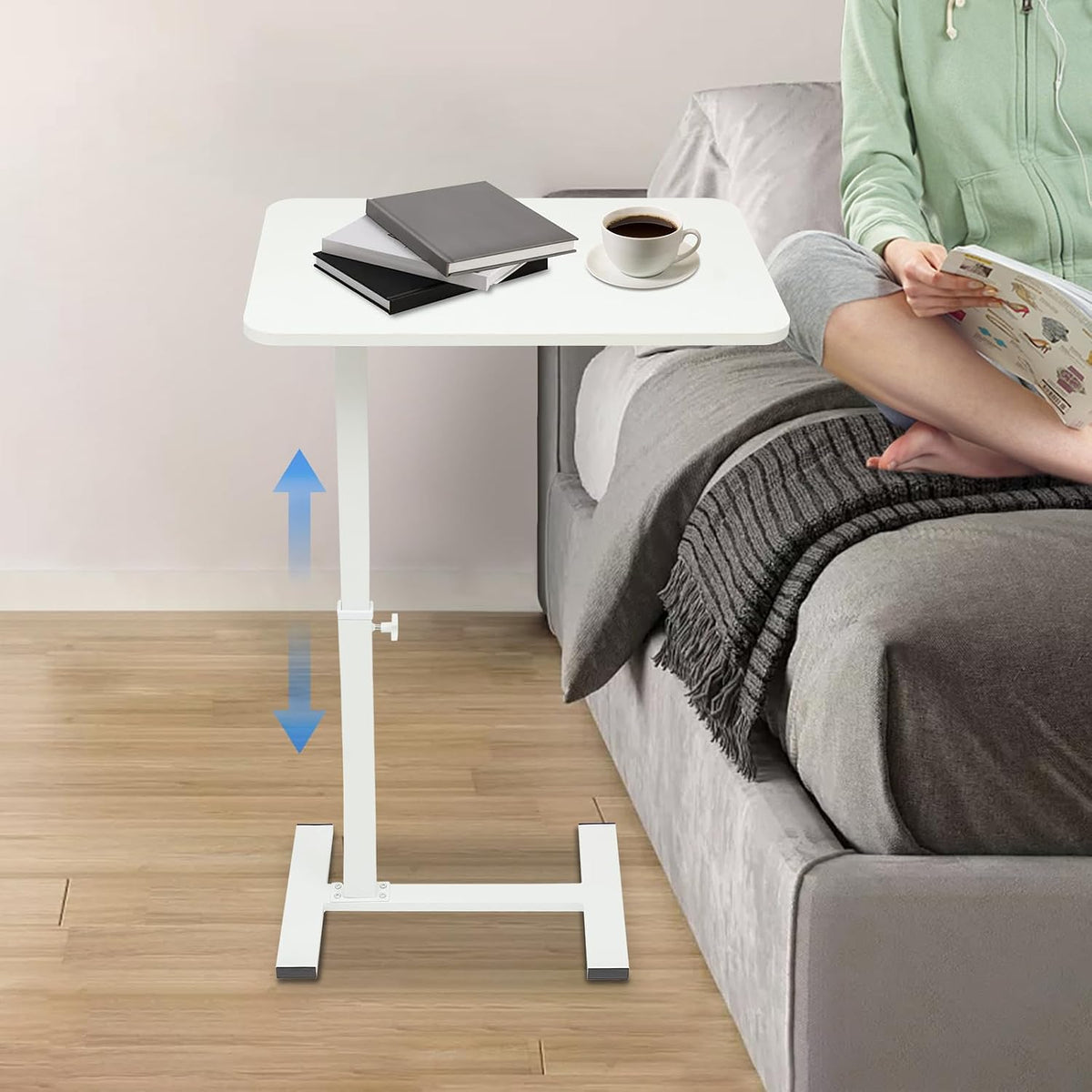 Modern Overbed Table, C-Shape Bedside Standing Desk Laptop Table Sofa Chair Side Table Adjustable Height Tray Table for Home Office