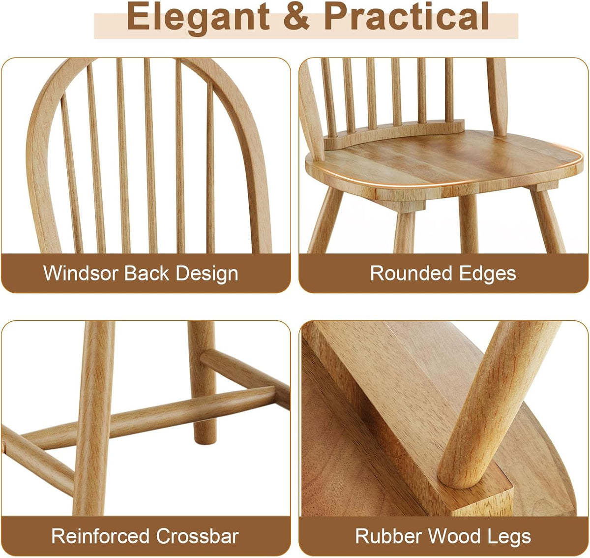 18" Oak Dining Chairs Set of 2, Wood Windsor Chair with Spindle Back for Country Farmhouse Kitchen Island