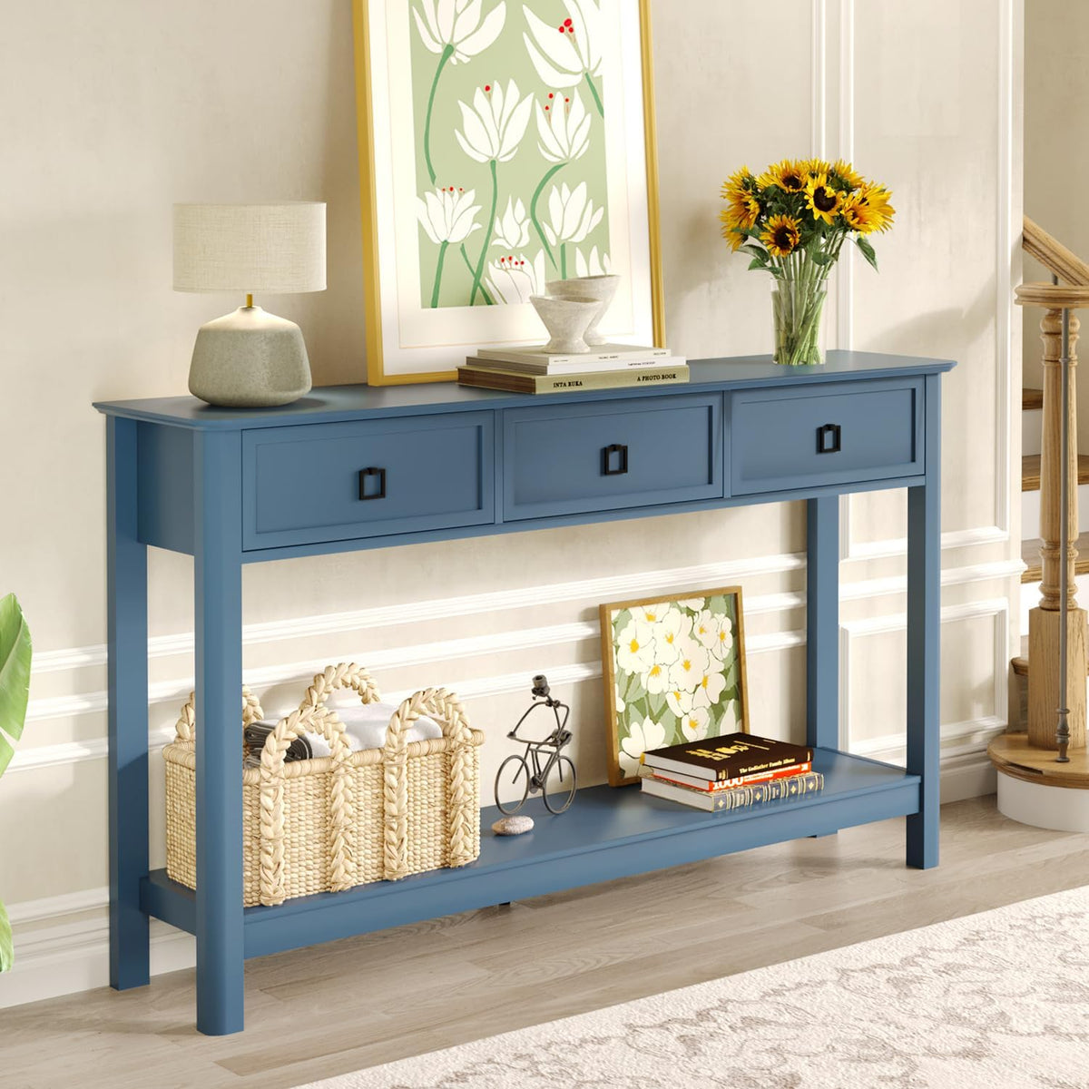 Treocho 53.1" Console Table with 3 Drawers, Sofa Table Behind Couch, 2 Tier | Long Entryway Table with Storage, Modern, For Hallway, Living Room, Blue