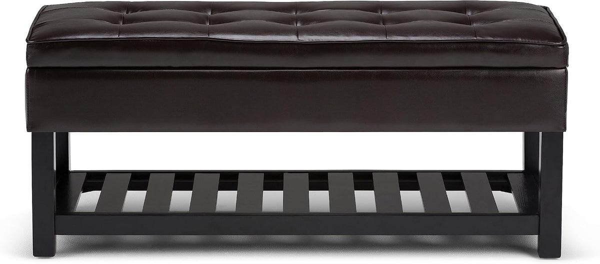 SIMPLIHOME Cosmopolitan 44" Wide Vegan Leather Storage Ottoman in Brown | Tanners brown, transitional storage ottoman bench with tufted lift-top and open shelf; rectangle footstool or footrest.