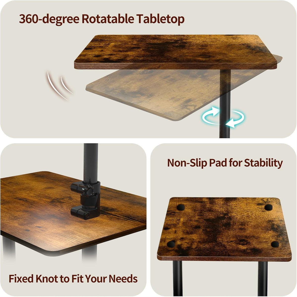 Swivel Side Table Adjustable Height, 3-Tier End Table with 360°Rotatable Tray, Space Saving Nightstand with Storage Shelf for Small Spaces, Living Room, Bedroom