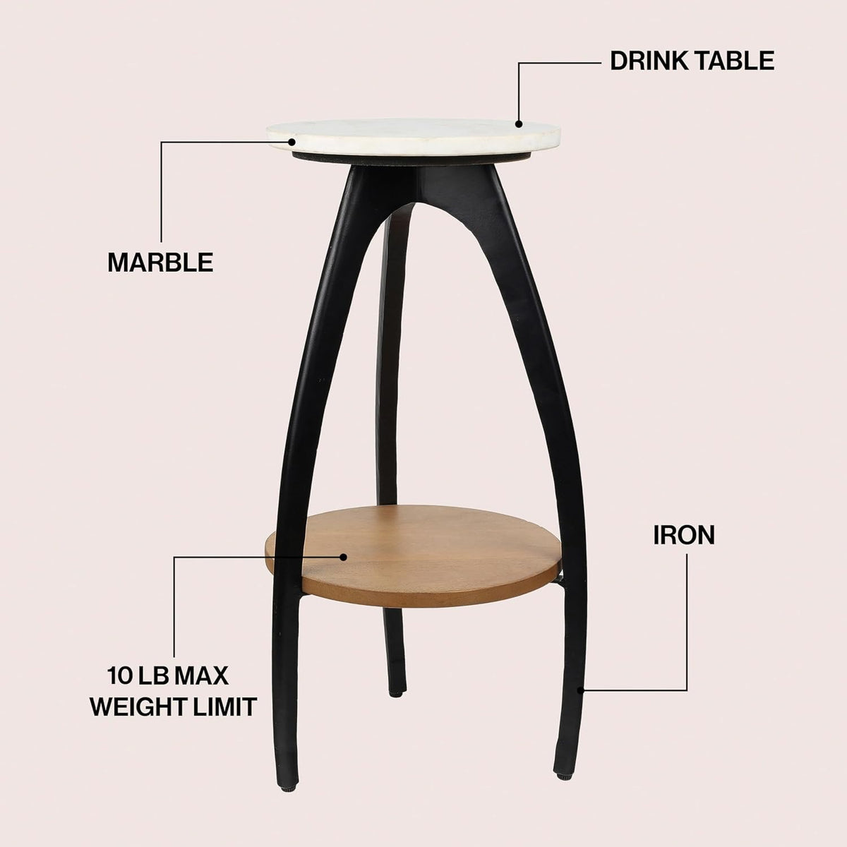 JONATHAN Y Ollie 24.5" Modern 2-Tier Round Drink Table, White Faux Marble Top and Black Metal Arch Legs, Small Pedestal Side Table with Wood Shelf for Living Room, Martini Cocktail Accent END3001A