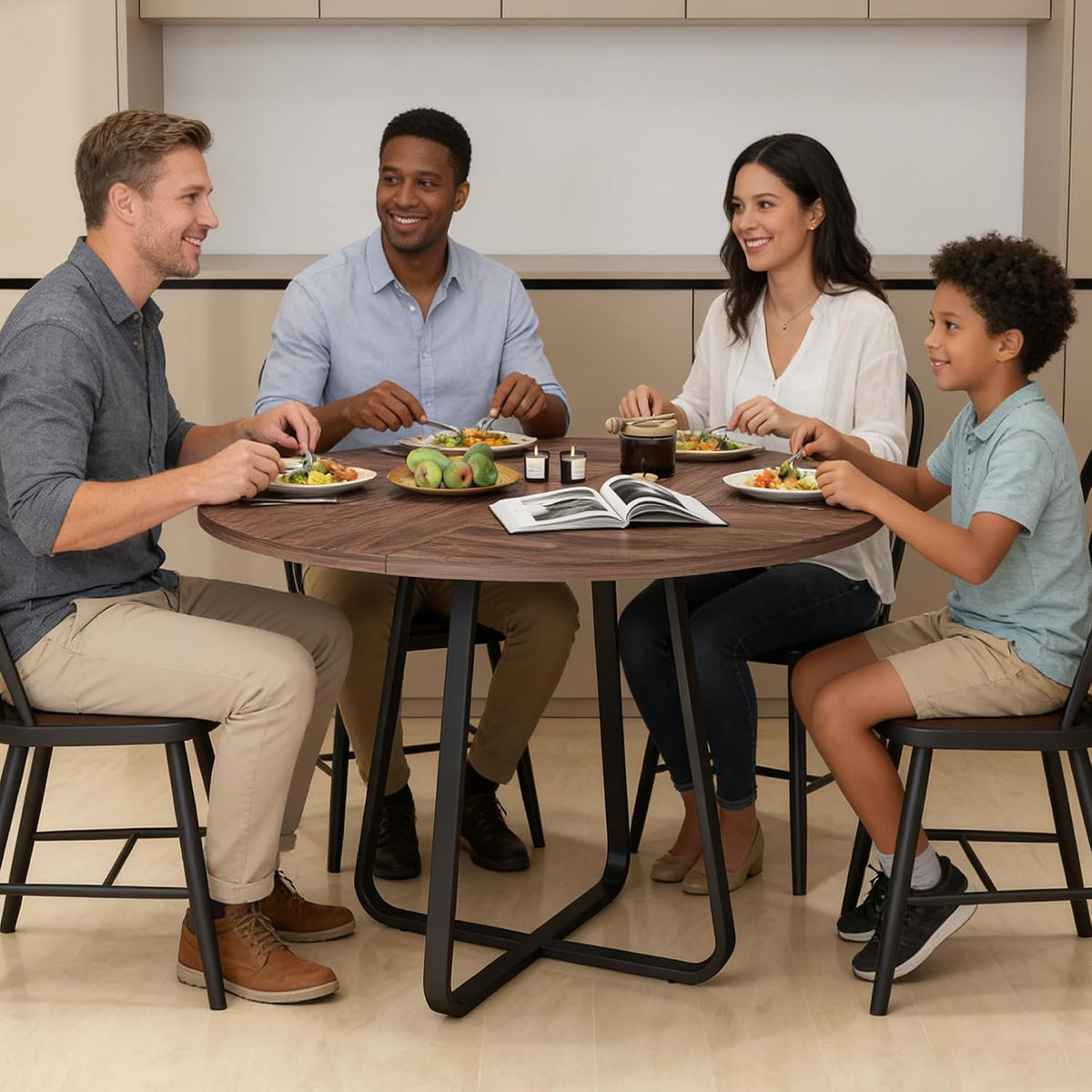 43.31'' Round Dining Table, Wood Kitchen Table with Metal X-Shaped Base, Kitchen Dining Room Circle Dinner Pedestal Table, Space Saving Industrial Circle Coffee Table for Home Living Room Furniture