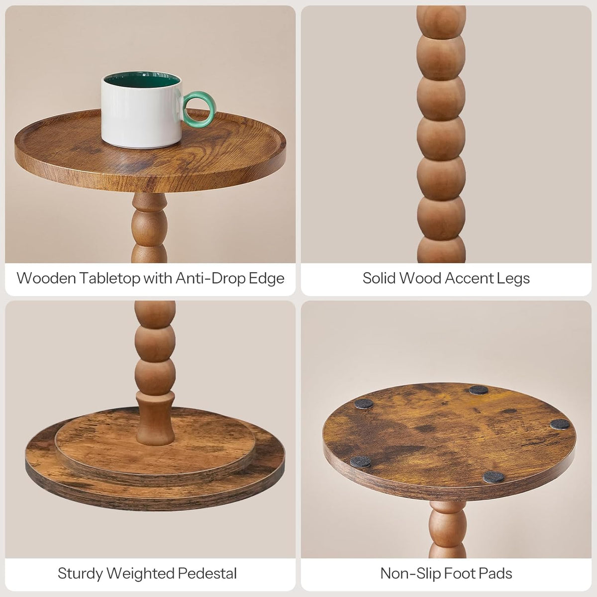 HOOBRO Round Side Table, Small Drink Table for Small Space, End Table with Rubberwood Accent Leg, Stable Pedestal, Easy Assembly, for Living Room, Corner, Bedroom, Rustic Brown FG187BZ01