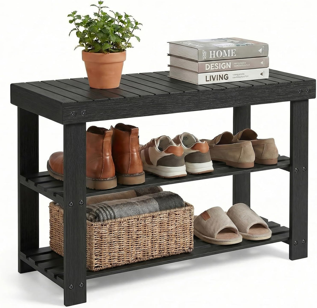 Shoe Rack Bench, 3 Tier Shoe Storage Bench, 28 Inch Bamboo Shoe Organizer, Entryway Bench Home Decor, Holds Up to 286 lb, Side Table, for Mudroom Hallway Bedroom Living Room Closet, Black