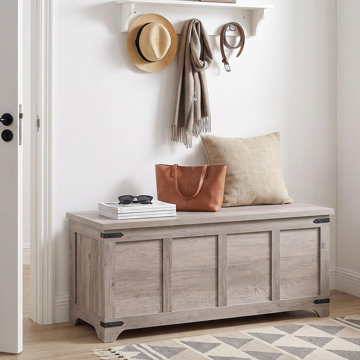 MAHANCRIS 47.2" Storage Chest Extra Large, Wooden Storage Bench with 2 Safety Hinges, Entryway Shoe Bench, 47.2x15.7x19.7 Inch, Easy Assembly, Storage Trunk for Living Room, Bedroom, Greige SCHG4901