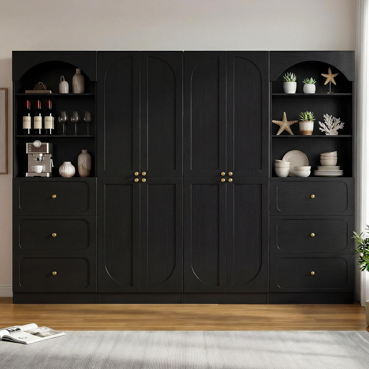 Cyclysio 80" Kitchen Pantry Cabinet with 6 Drawers, Wide Arched Kitchen Storage Cabinets with 6-Tier Open Shelves, Wood Floor Cupboard with Seamless Fit Wall for Living Room, Kitchen, Bathroom