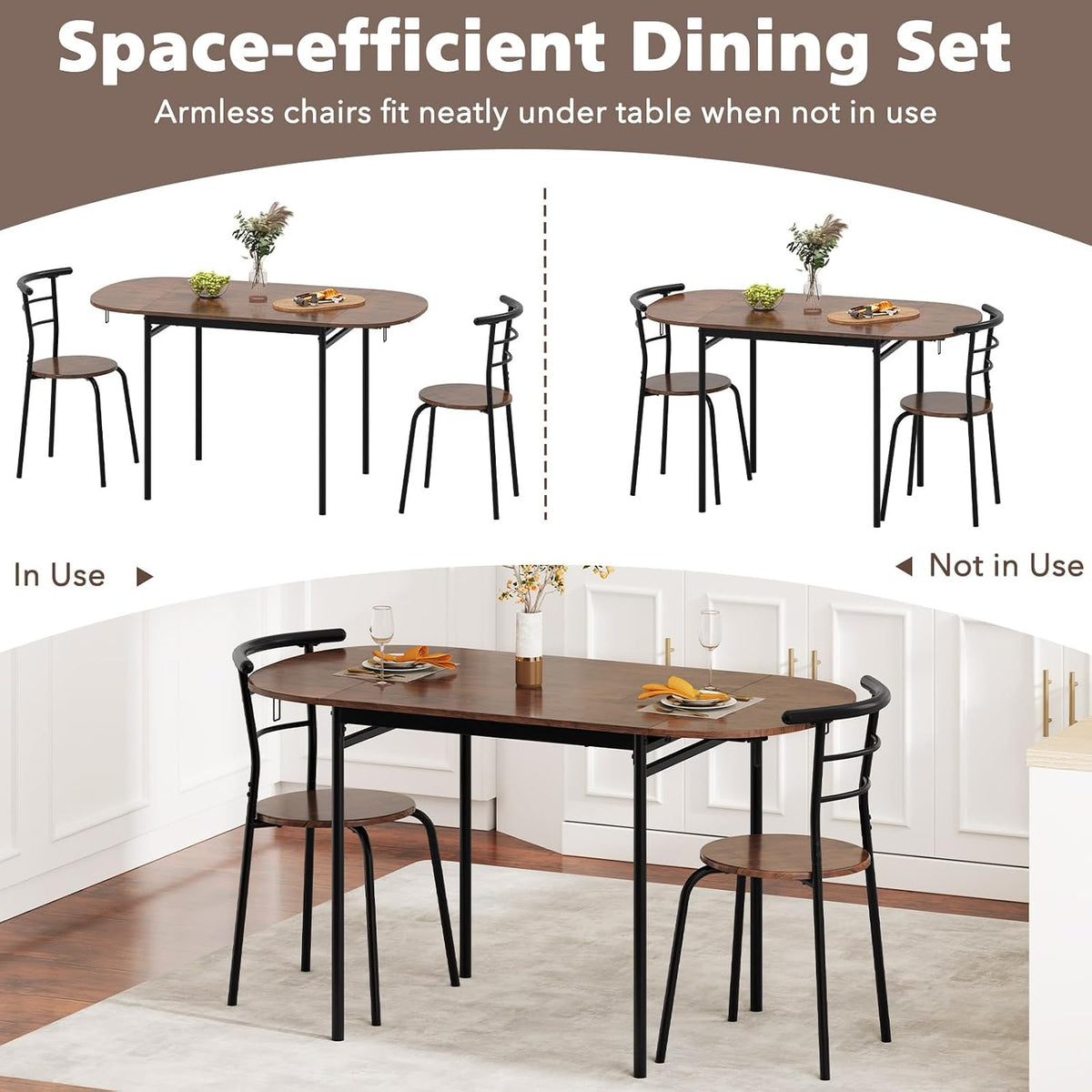 GOFLAME 3-Piece Drop Leaf Dining Table Set, Extendable Kitchen Breakfast Table with 2 Chairs, Space Saving Folding Dining Room Set for Home Kitchen, Apartment, Small Space, Rustic Brown