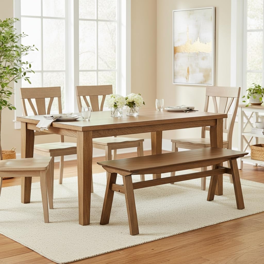 LukeAlon Rustic Solid Wood Long Dining Bench, Walnut Color | Heavy Duty Farmhouse Footstools For Dining Table Hallway Kitchen Living Room