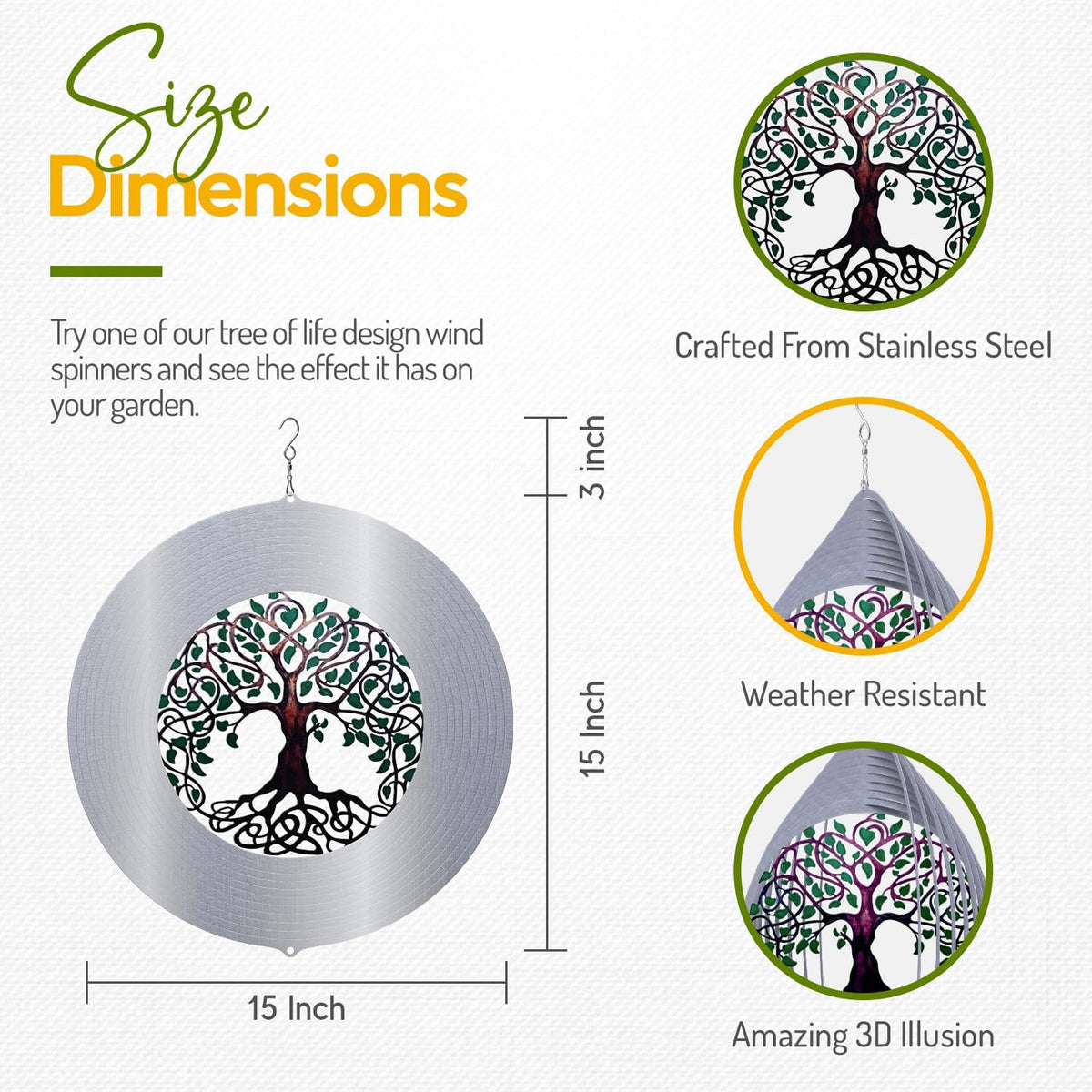 ISEO Tree of Life Wind Spinner for Yard and Garden, Hanging Outdoor Decor, Yard Art, Porch and Patio Decorations, Metal Wind Spinners Outdoor, Weather Resistant, 15”