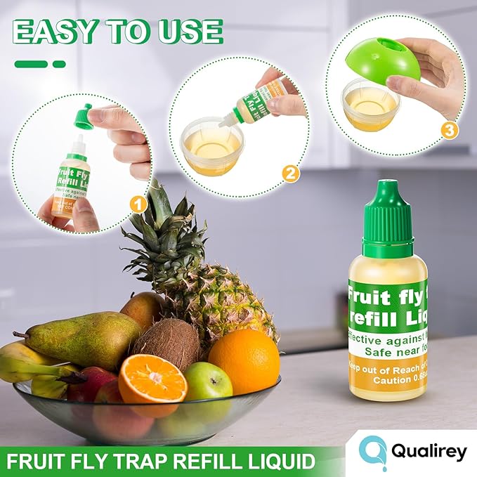 Qualirey 6 Pack Fruit Fly Trap Refill Liquid, 0.68oz Per Bottle Liquid Fruit Fly Traps for Indoors, Non Toxic Bait Safe Near Pets, Food and Kids, Lure Refill for Home Kitchen