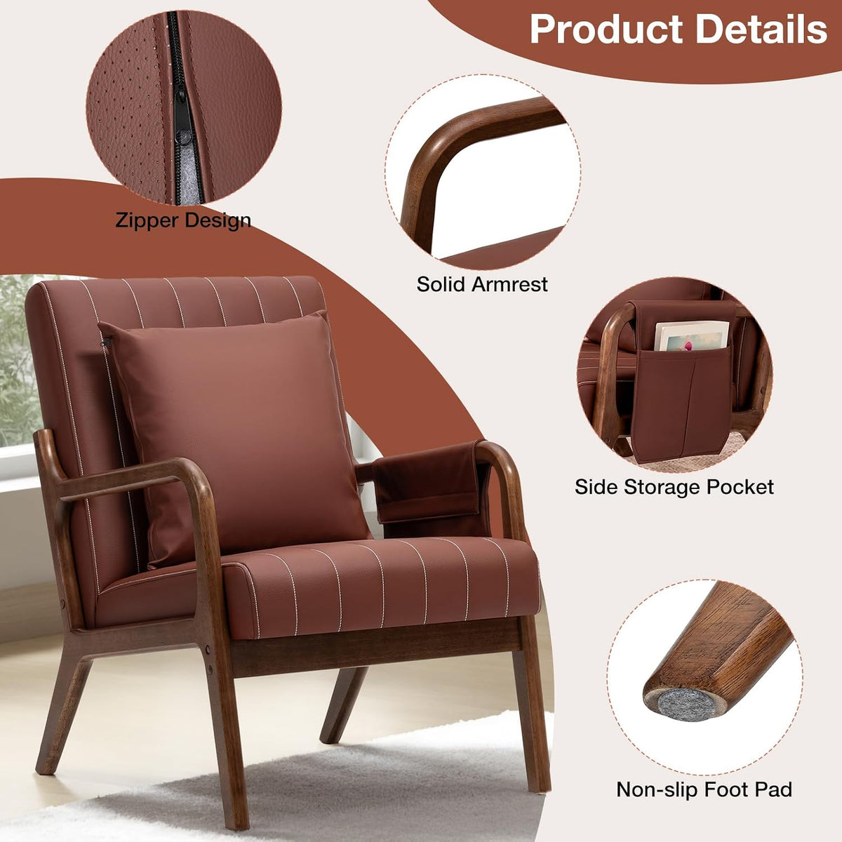HOMMPA Mid-Century Modern Accent Chair, Comfy Reading Armchair with Solid Wood Frame & Lumbar Pillow, Upholstered Linen Lounge Chair with Side Pocket for Living Room, Bedroom,Balcony (Brown)