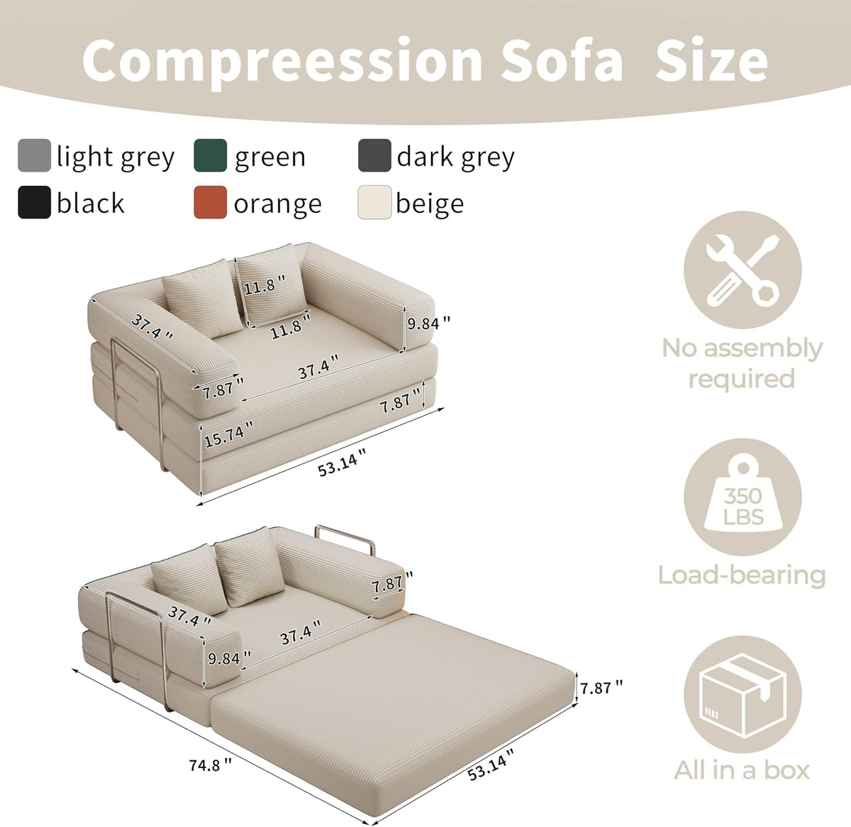 BSHOMGI 4 in 1 Convertible Sofas Couches, Modern Corduroy Futon Bed, Modular Sofa with Pull-Out Bed, LoveSeat for Living Room, Small Space Apartment (Beige, 53.15" Double Sofa)