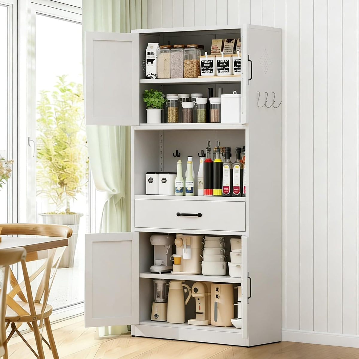 Kitchen Pantry Cabinet White, Tall Storage Cabinet with Glass Doors & Adjustable Shelves, Multi-Storage Cabinet Cupboard for Small Kitchen Living Room Dining Room, 39.37x17.72x64.06 Inches