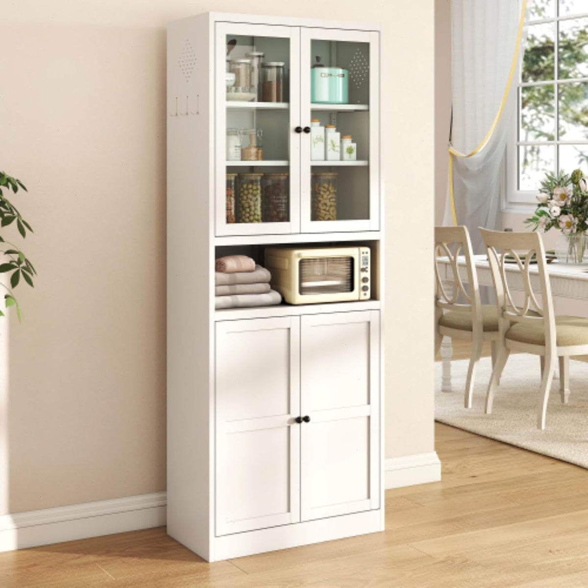 Kitchen Pantry Cabinet,72" White Pantry Storage Cabinet with Adjustable Shelves and Glass Doors,Freestanding Cupboard,Metal Pantry Cabinets with Handle for Living Room Kitchen Assembly Required