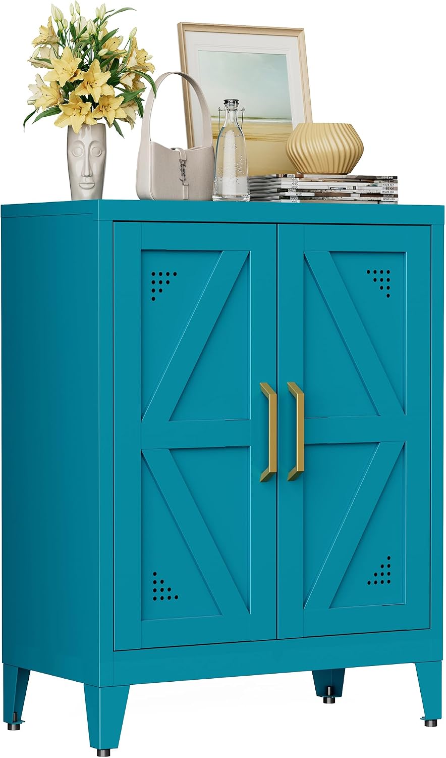 32" Metal Bathroom Storage Cabinet,Floor Storage Cabinet with 2 Doors and 2 Adjustable Shelves,Freestanding Sideboard for Small Spaces, Hallway, Dining Room,Blue