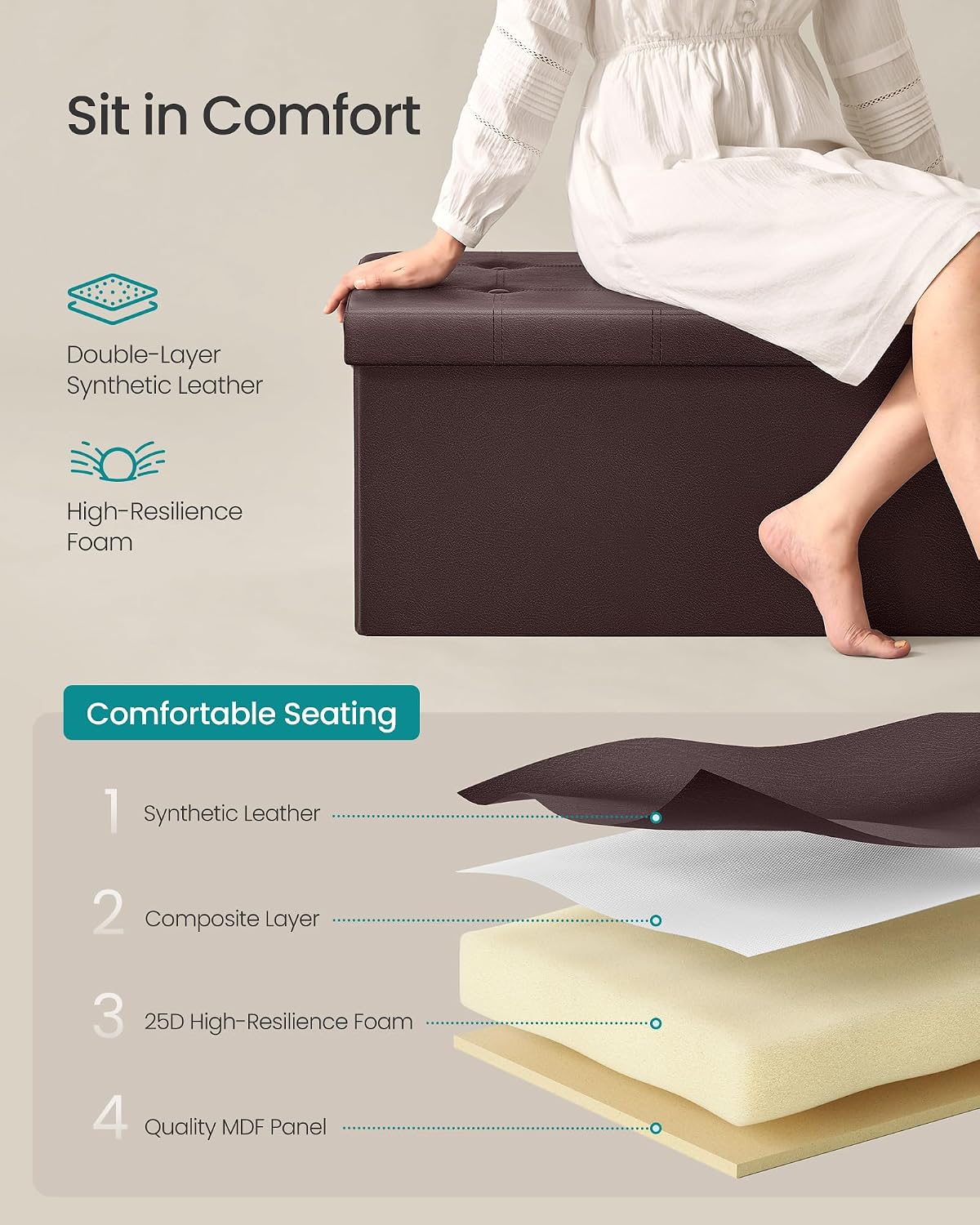 SONGMICS Storage Ottoman Bench, 30 Inches Folding Foot Rest Stool | PU Leather, Easy Assembly, for Living Room, Bedroom, Entryway, Rustic Walnut and Ink Black, MINOTA Collection ULSF40Z