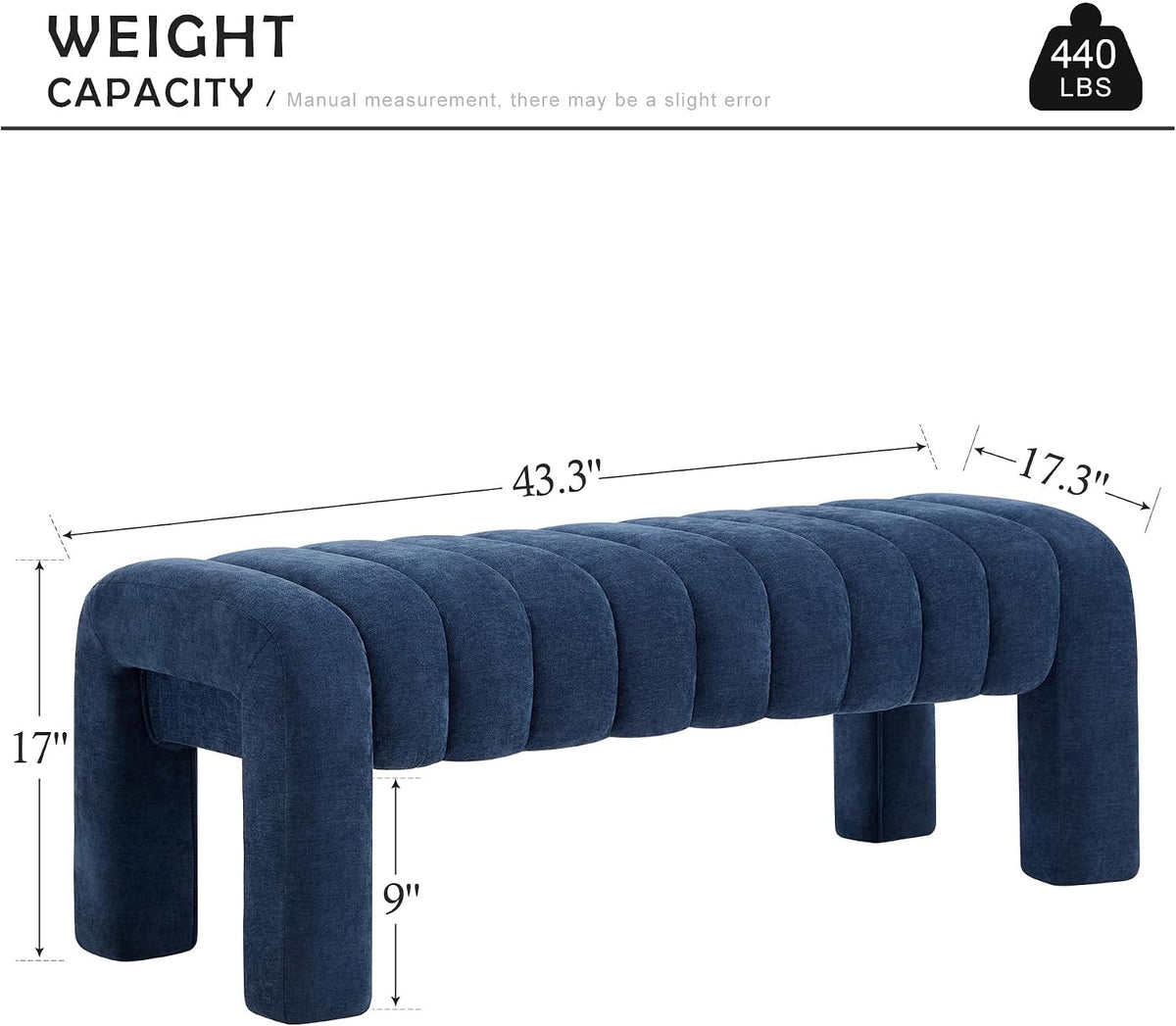 43.3" Bedroom Bench, Upholstered Entryway Bench, Modern End of Bed Ottoman with Solid Wood Legs and Adjustable Foot Pegs for Entryway, Dining Room and Living Room (Blue Chenille)