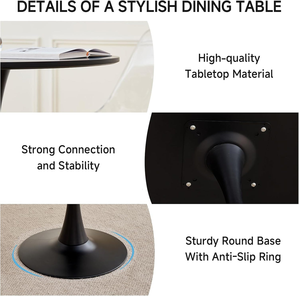 23.6" Small Round Dining Table for 2 4, [Sturdy Metal Tulip Base] Black Modern Circle Kitchen Table, Space Saving, for Dining Room Apartment Office