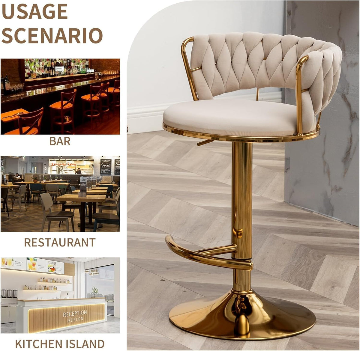 Gold Bar Stools Set of 3, Counter Stools for Kitchen Island (Beige) | Adjustable Height Barstools with Woven Backs, Luxury Velvet Upholstery, Swivel Bar Chairs for Home Bar, Cafe