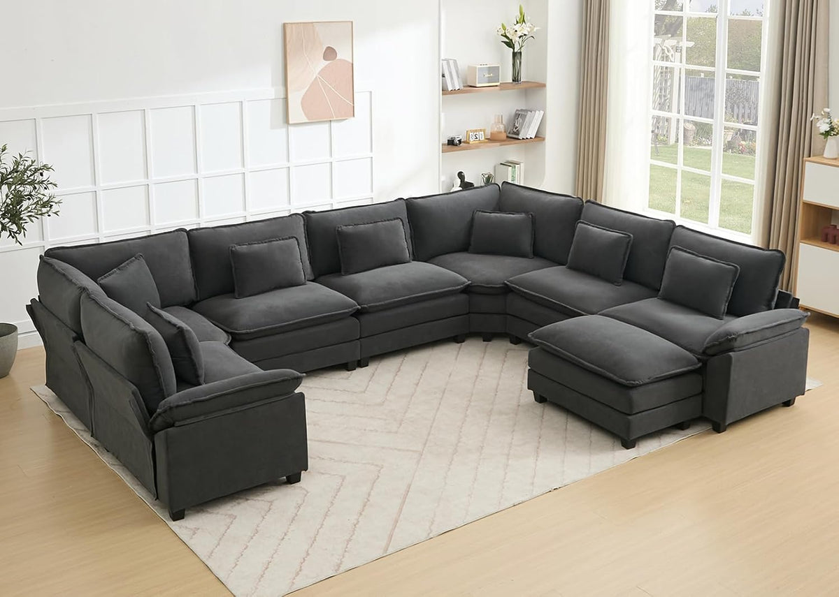 Oversized Modular Sectional Sofa Set, Convertible Deep Seat Cloud Couch with Ottoman, Large U Shaped Corner Couch with Throw Pillows for Living Room (Blue Grey, 8 Seater)