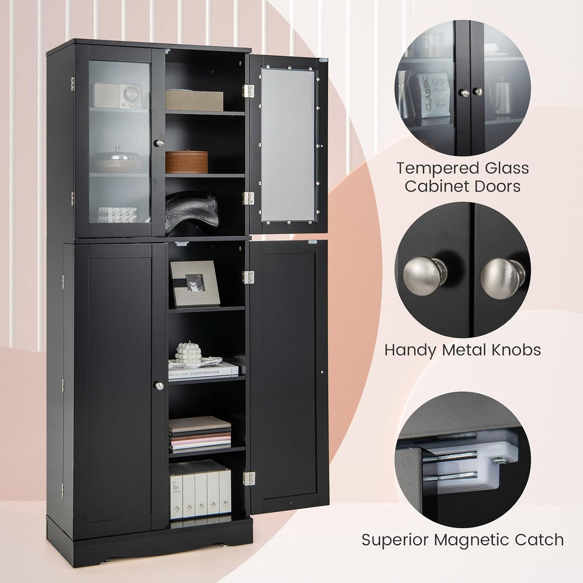 LOKO 63.5" Tall Kitchen Pantry Storage Cabinet, Freestanding Food Storage Cabinet with Glass Doors, Storage Shelves & Door Racks, Modern Cupboard for Dining Room, Living Room (Black)