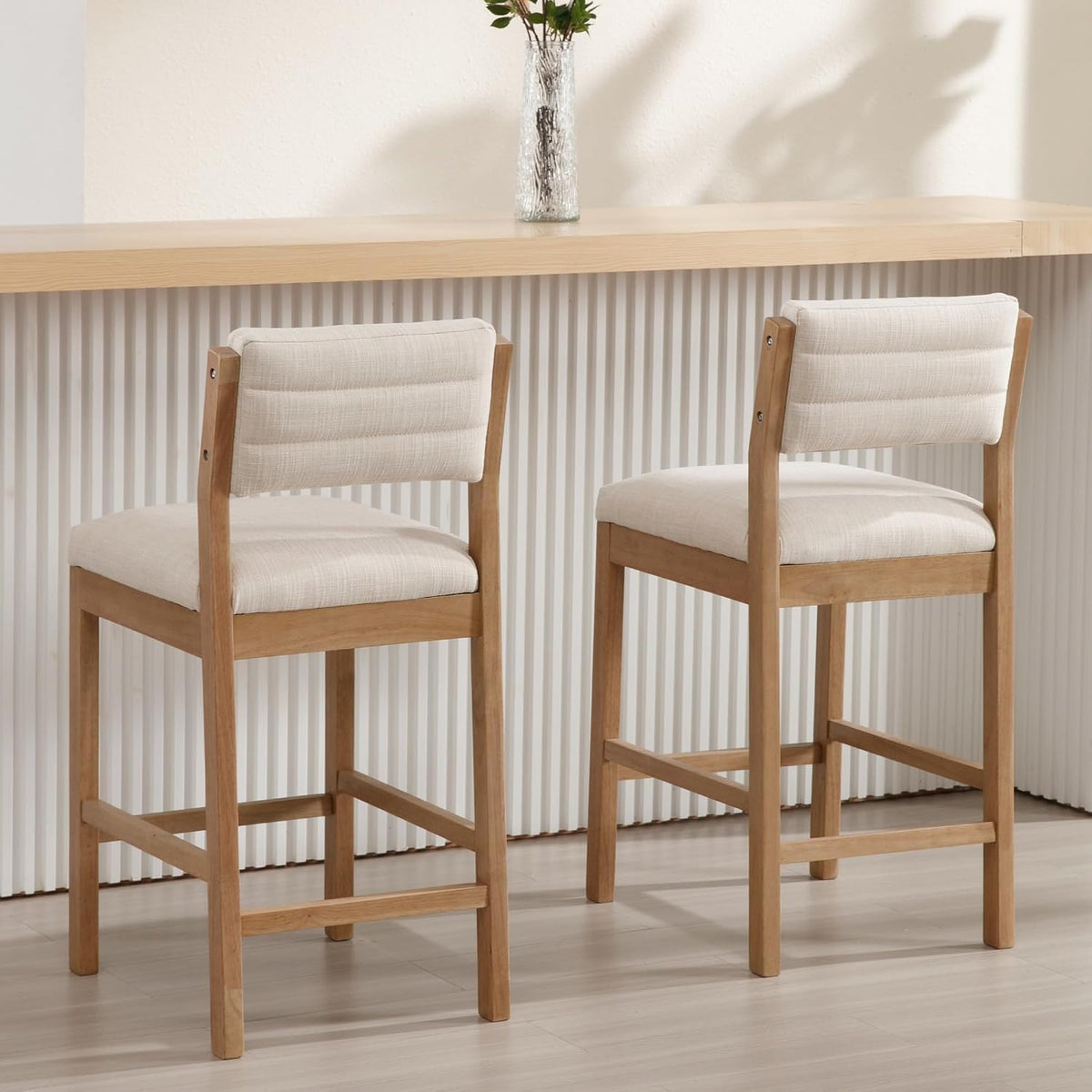 BESTANO 26” Counter Height Bar Stools Set of 2 Linen Upholstered Kitchen Island Stools with Back Mid Century Rectangle Wood Barstools Countertop Bar Chairs, Beige