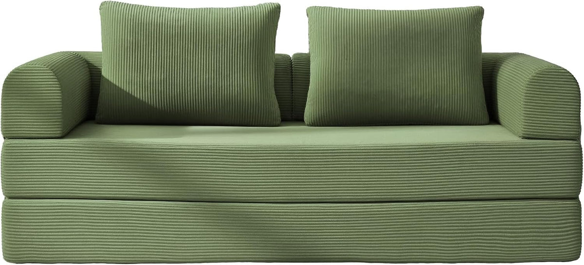 4-in-1 Folding Convertible Sofa Bed, 78 Inch Oversized Corduroy Loveseat Sleeper with Pull Out Bed, Futon Couch for Living Room Bedroom, No Assembly Needed, Olive Green