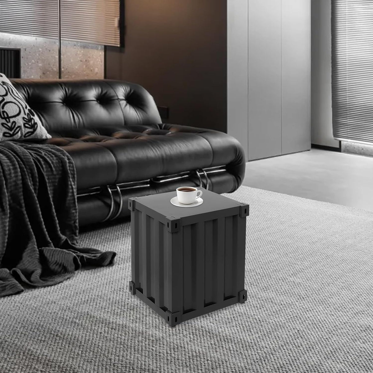 Industrial Iron Container Cabinet with Lock, Metal Side Table for Living Room Bedroom, Locker End Table with Storage Cabinet (Black)