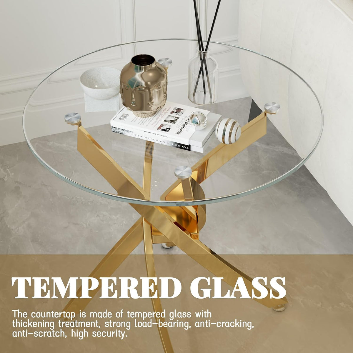 Round Glass End Table with Clear Tempered Glass Top & Cross Stainless Steel Legs, Modern 23.6" Circle Side Table for Living Room, Bedroom, Apartment, Easy to Clean, Gold