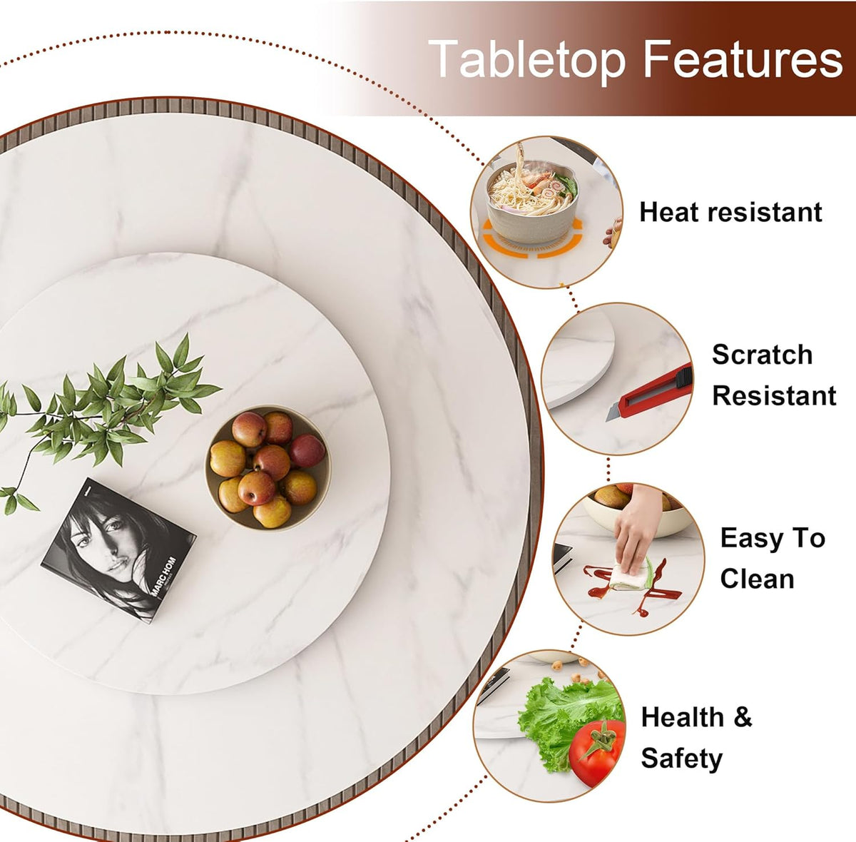 59" Round Dining Table with 360° Rotating Lazy Susan, Scratch & Heat Resistant Sintered Stone Tabletop, Marble Style Kitchen Dining Table, Perfect for Dining Room