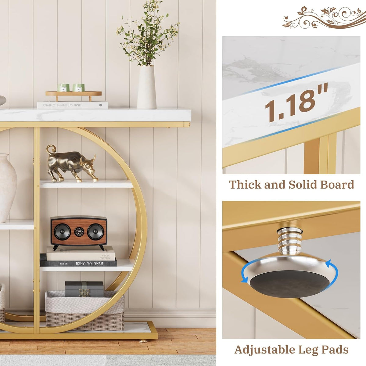 LIFECHOVY 41.3" Console Table for Entryway, Industrial Hallway Sofa Table with Storage Shelves, Narrow Accent Decor Living Room Furniture with Circle Base for Foyer, Entrance, White Gold