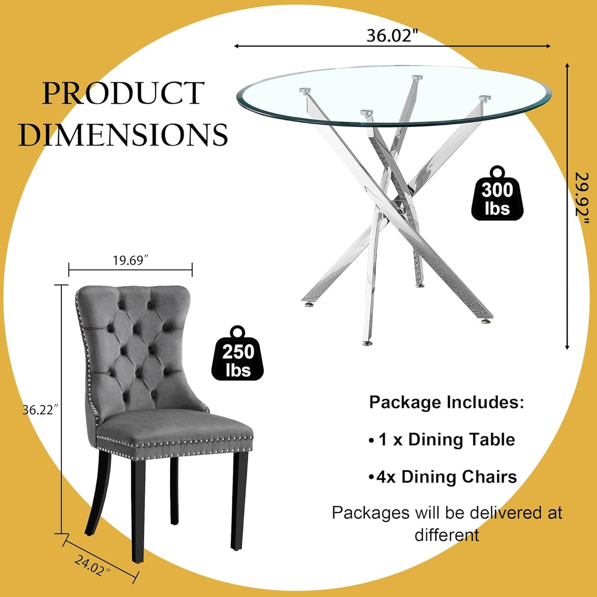 Round Glass Dining Table Set for 4, Modern 36 Inch Glass Kitchen Table with Silver Stainless Steel Legs and 4 Grey Velvet Chairs, for Dining Room, Apartment, Small Space