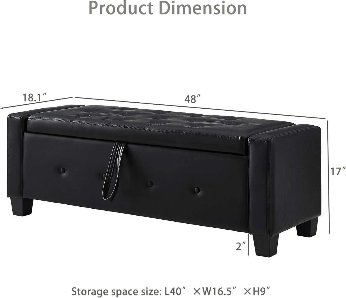 Betoko PU Leather Ottoman Bench with Storage,48" Mid Century Modern Storage Bed Bench for Bedroom,Button Tufted Ottoman Benches with Seating for Living Room,Entryway,Window (New PU Black)